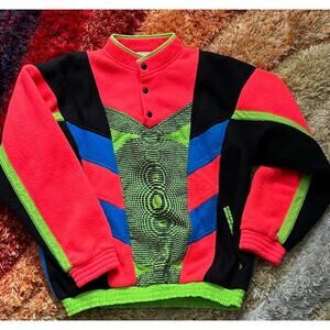 Vintage 80s pullover Adidas neon fleece, silver label, ski wear, Sz MED